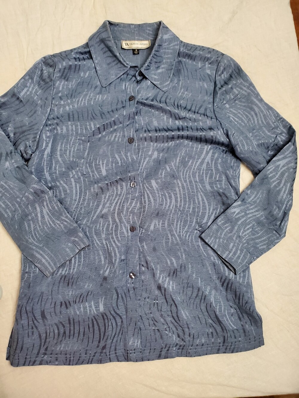 Travis Ayers Size 8 Silk Linen Blouse Blue Jacquard Wave Print Button Down Top